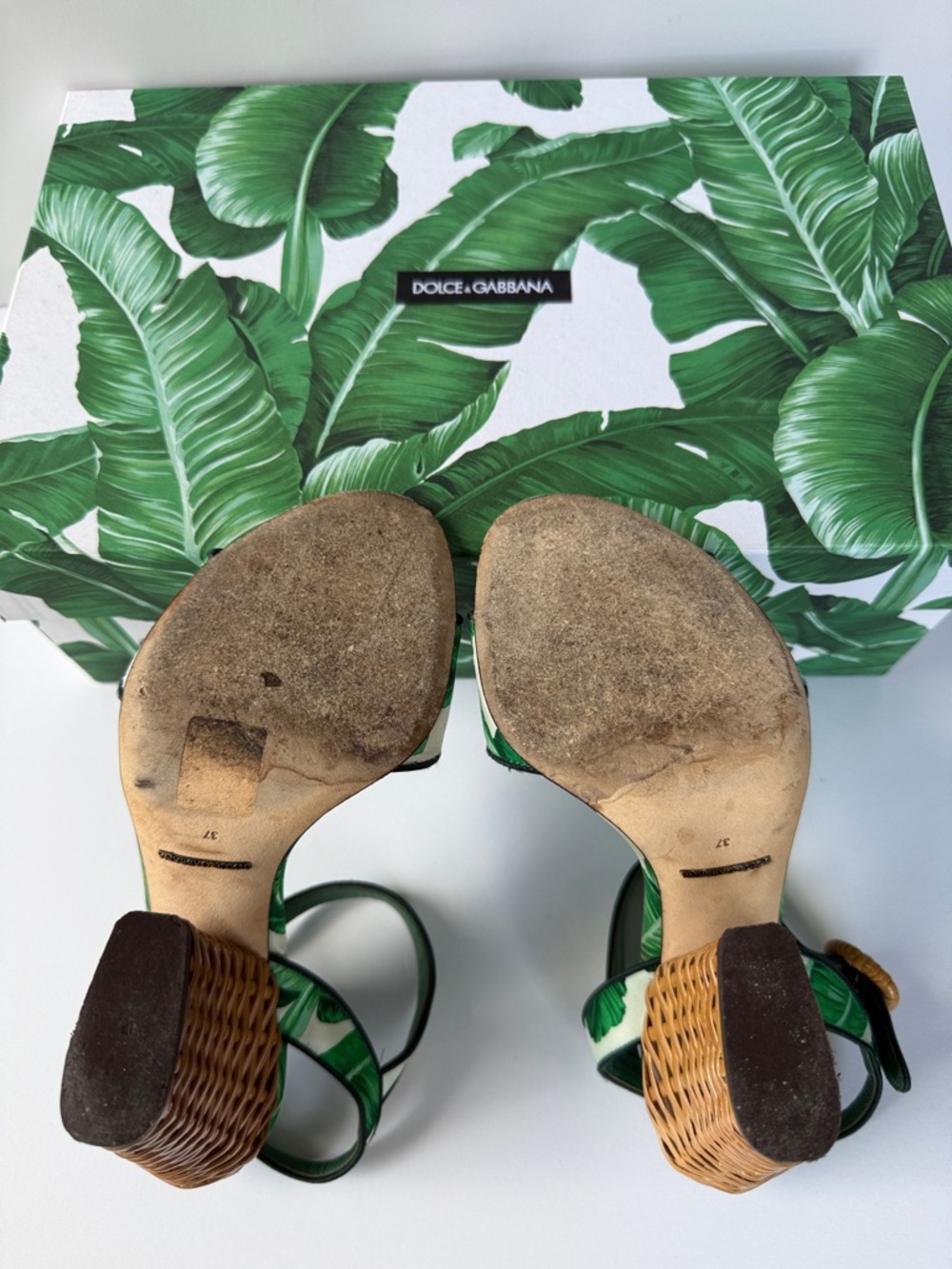 Dolce & Gabbana Palm-Print Green Banana Leaf Raffia Block Heel Sandals size 7 - Picture 8 of 17